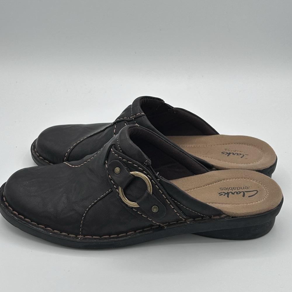 Clarks Bendables 8.5 Brown Leather Mules Slip On Women Shoes 62782 Thick Stitch